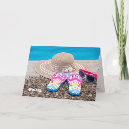 hat and flip flops by pool birthday card