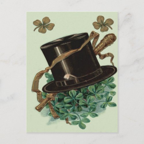 Hat Clay Pipe Shamrock Four Leaf Clover Shillelagh Postcard