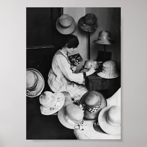 Hat Maker Woman Black and White Vintage Art Poster
