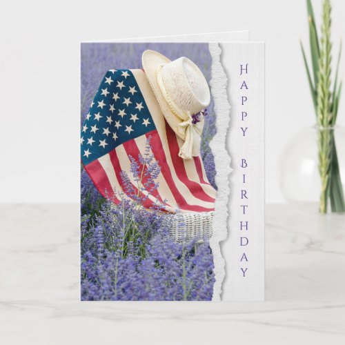 hat on chair with American flag Card