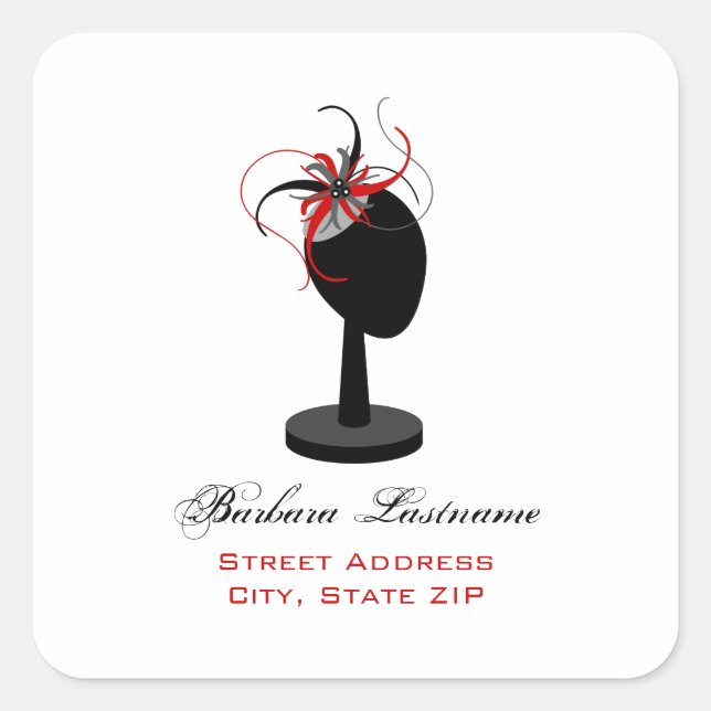Hat Stand & Red & Black Fascinator Address Sticker (Front)