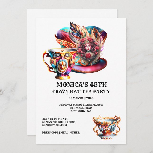 Hat tea party festival masquerade feather ladies  invitation (Front/Back)