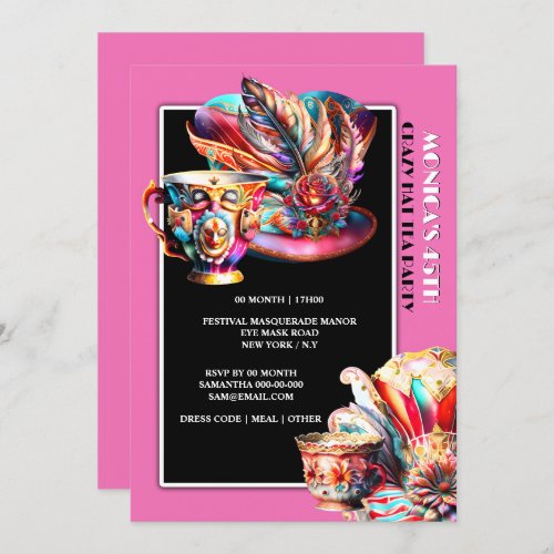 Hat tea party festival masquerade feather pink invitation