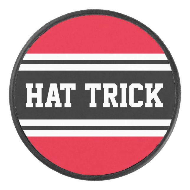 HAT TRICK Bright Red Black White Racing Stripes  Hockey Puck (Front)