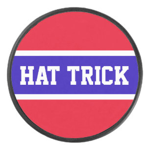 HAT TRICK Bright Red White Navy Blue Stripes Hockey Puck