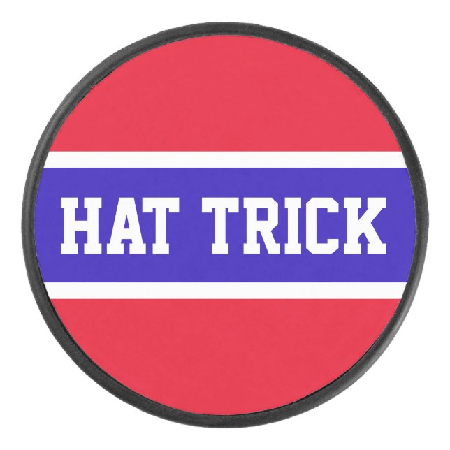 HAT TRICK Bright Red White Navy Blue Stripes Hockey Puck (Front)