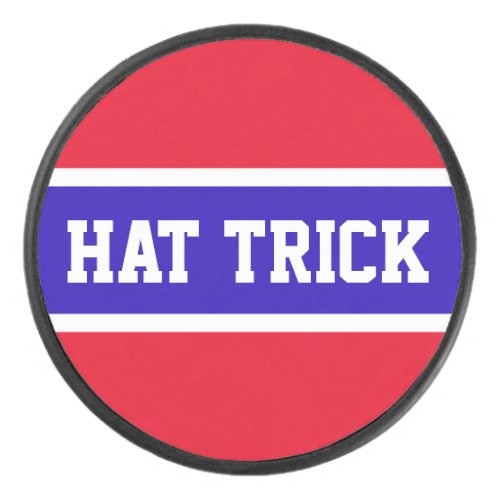 HAT TRICK Fun Sporty Bright Red White Blue Stripes Hockey Puck