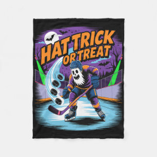 Hat Trick Or Treat Funny Ice Hockey Ghost Hallowee Fleece Blanket