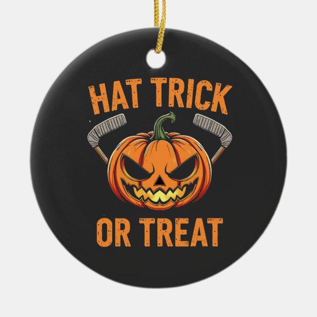 Hat Trick or Treat Spooky Halloween ice Hockey   Ceramic Ornament (Front)