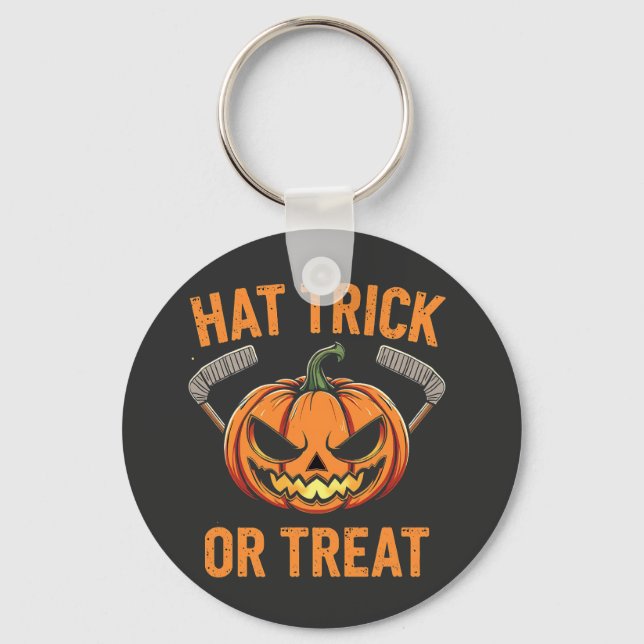 Hat Trick or Treat Spooky Halloween ice Hockey   Keychain (Front)