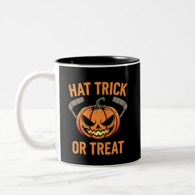 Hat Trick or Treat Spooky Halloween ice Hockey   Two-Tone Coffee Mug (Left)