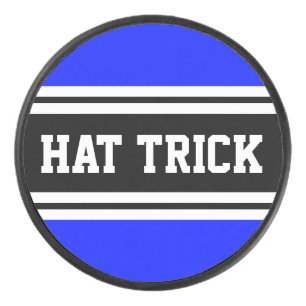 HAT TRICK Royal Blue Black White Racing Stripes Hockey Puck