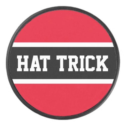 HAT TRICK Sporty Bright Red Black White Stripes Hockey Puck