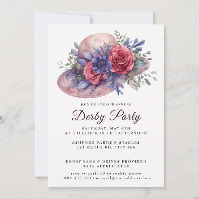Hat Watercolor Derby Party Invitation (Front)