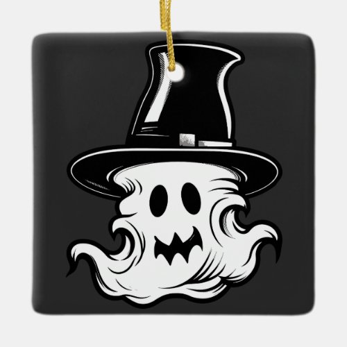 Hat_Wearing Ghost Bold Outline Halloween Design Ceramic Ornament
