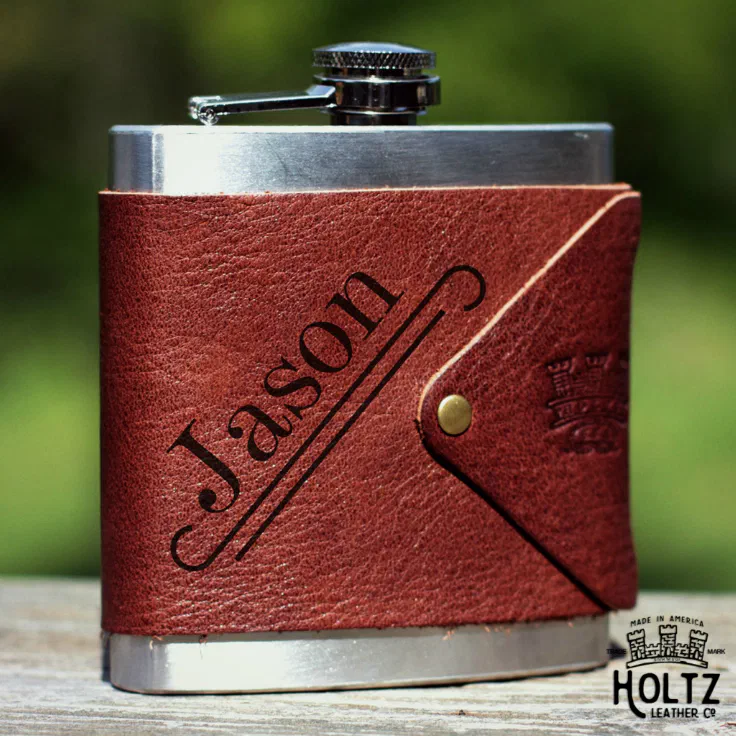 Holtz Leather Company The Hatch Personalized Leather Sleeve with 6oz Flask Included 