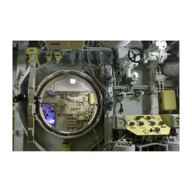 hatch on an old retro submarine acrylic print (Front)