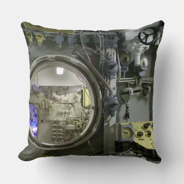hatch on an old retro submarine throw pillow (Front)