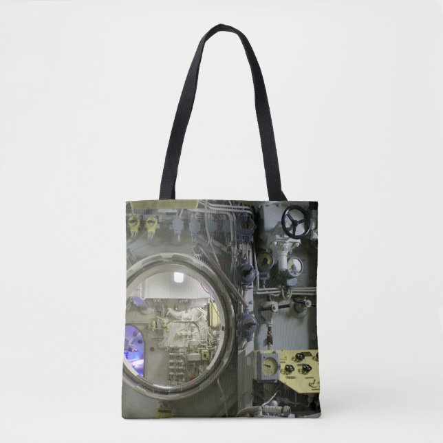 hatch on an old retro submarine tote bag (Front)