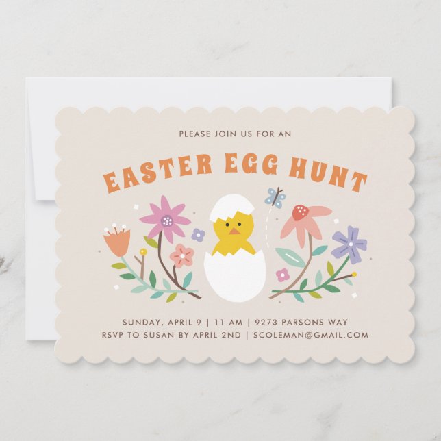Hatched Floral Easter Egg Hunt Invitation - Beige (Front)