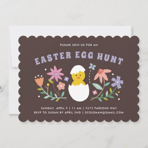 Hatched Floral Easter Egg Hunt Invitation _ Brown