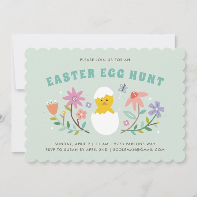 Hatched Floral Easter Egg Hunt Invitation - Mint (Front)