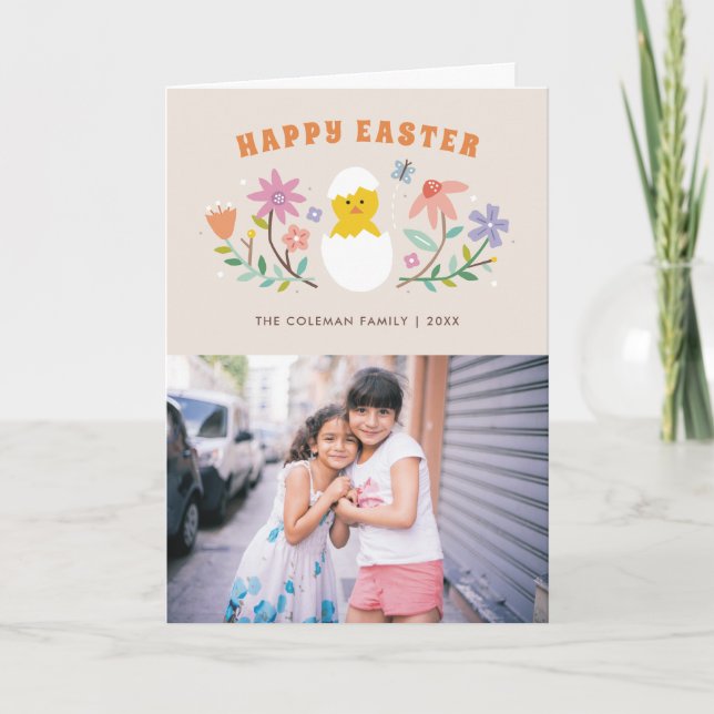 Hatched Floral Easter Holiday Photo Card - Beige (Front)