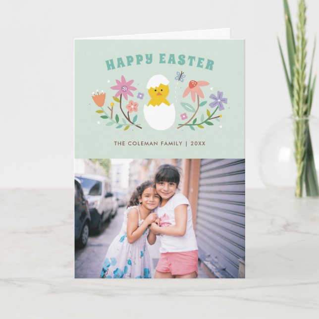 Hatched Floral Easter Holiday Photo Card - Mint (Front)