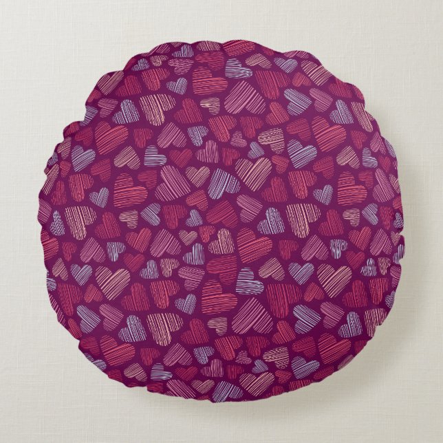 Hatched Scribbled Hearts Texture Pattern Round Pillow (Front)