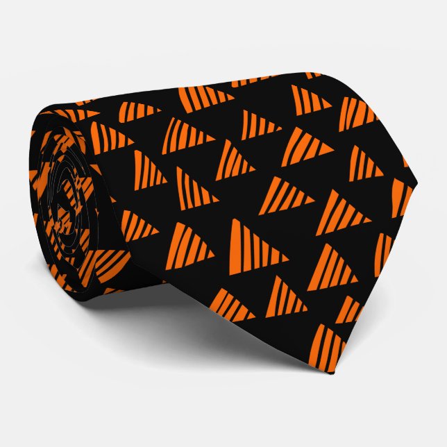 Hatched Triangles 250319 - Orange on Black Neck Tie (Rolled)