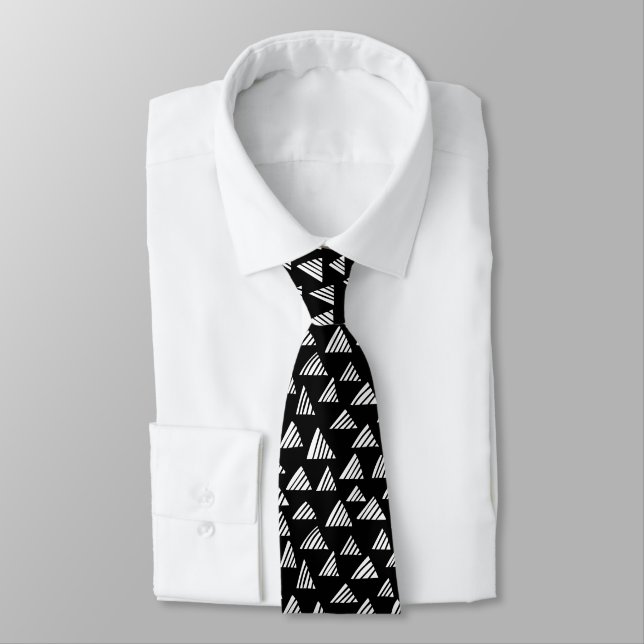 Hatched Triangles 250319 - White on Black Neck Tie (Tied)