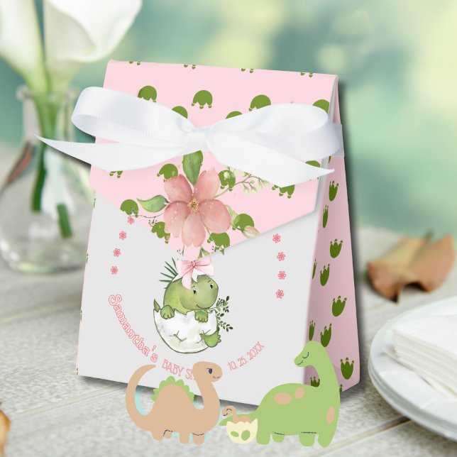 Hatching Dino with Pink Bow Baby Shower  Favor Boxes (Hatching Dino with Pink Bow Baby Shower Favor Boxes)
