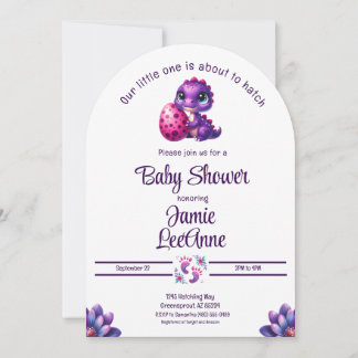 Hatching Soon Baby Dinosaur Purple Baby Shower Invitation