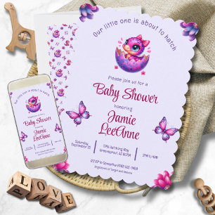 Hatching Soon Baby Purple Dinosaur Baby Shower Invitation