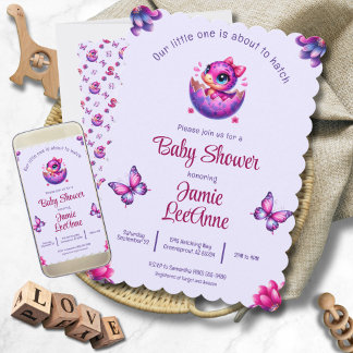 Hatching Soon Baby Purple Dinosaur Baby Shower Invitation