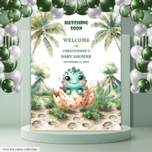 Hatching Soon Baby Shower Banner Blue Dinosaur Tapestry