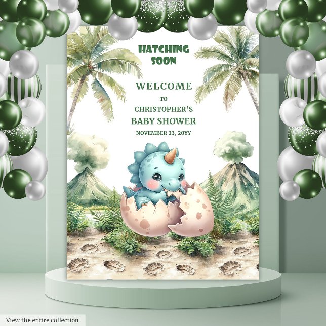 Hatching Soon Baby Shower Banner Dinosaur Design Tapestry (Hatching Soon Baby Shower Banner Dinosaur Design)