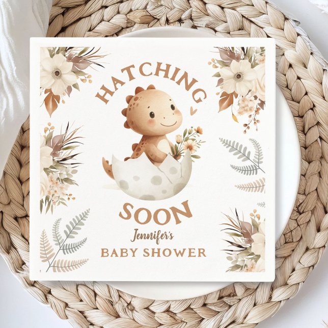 Hatching Soon! Boho Neutral Dinosaur Baby Shower Napkins (Creator Uploaded)