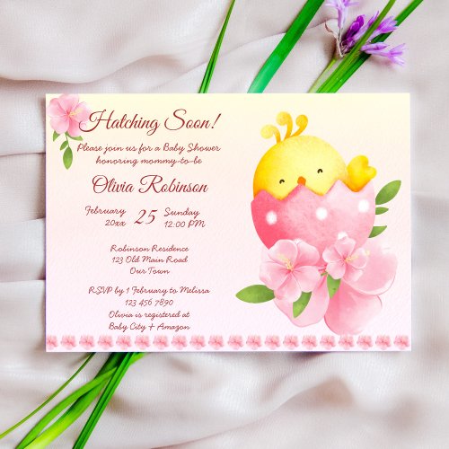 Hatching soon chicken girl pink spring baby shower invitation