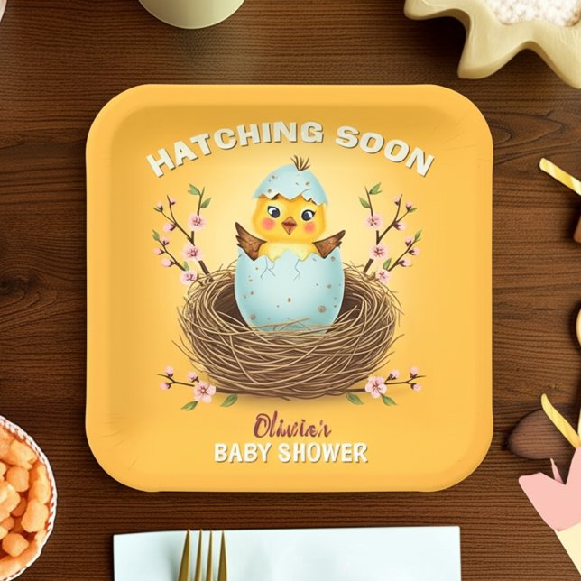 Hatching Soon Cute Chick Baby Shower Paper Plates (Creator Uploaded)
