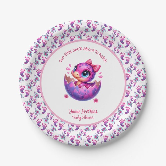 "Hatching Soon" Cute Dinosaur Baby Shower Paper Plates (Front)
