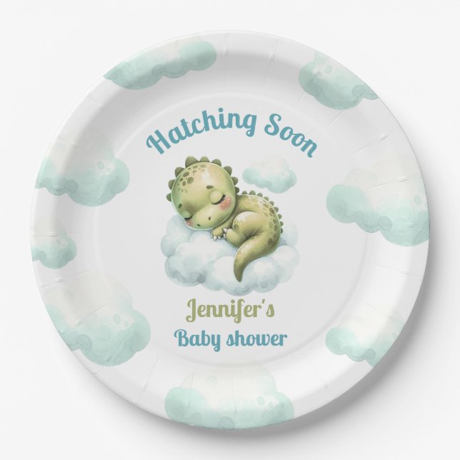 Hatching Soon Cute Dinosaur Blue Boy Baby Shower Paper Plates (Front)