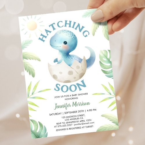 Hatching Soon Cute Dinosaur Boy Baby Shower Invitation