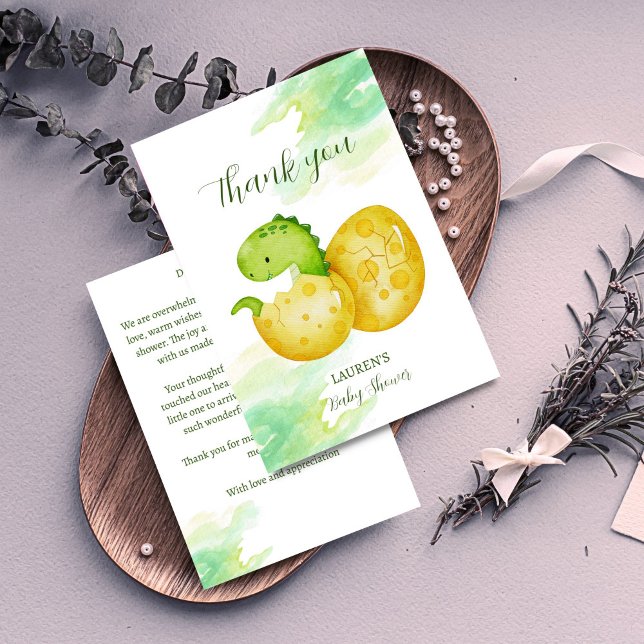Hatching soon cute green baby dinosaur thank you card (Hatching soon cute green baby dinosaur baby shower thank you cards)