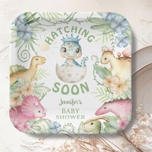 Hatching Soon Dino Boy Dinosaur Baby Shower Paper Plates