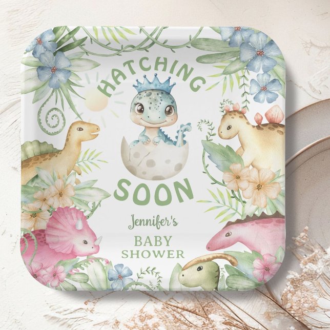 Hatching Soon Dino Boy Dinosaur Baby Shower Paper Plates (Creator Uploaded)