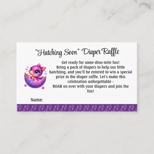 "Hatching Soon" Dino Diaper Raffle Enclosure Card  (Front)