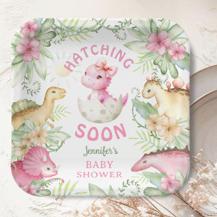 Hatching Soon Dino Girl Dinosaur Baby Shower Paper Plates