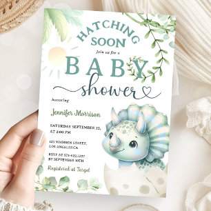 Hatching Soon Dinosaur Baby Shower Boy Blue Green Invitation