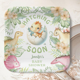 Hatching Soon Dinosaur Baby Shower Gender Neutral  Paper Plates